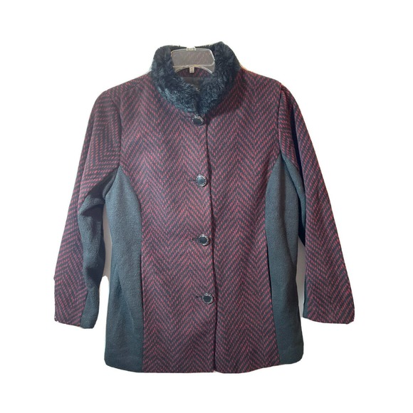 Bob Mackie Jackets & Blazers - Bob Mackie Wearable Art Ladies M Lines Fleece Jacket Faux Fur Collar